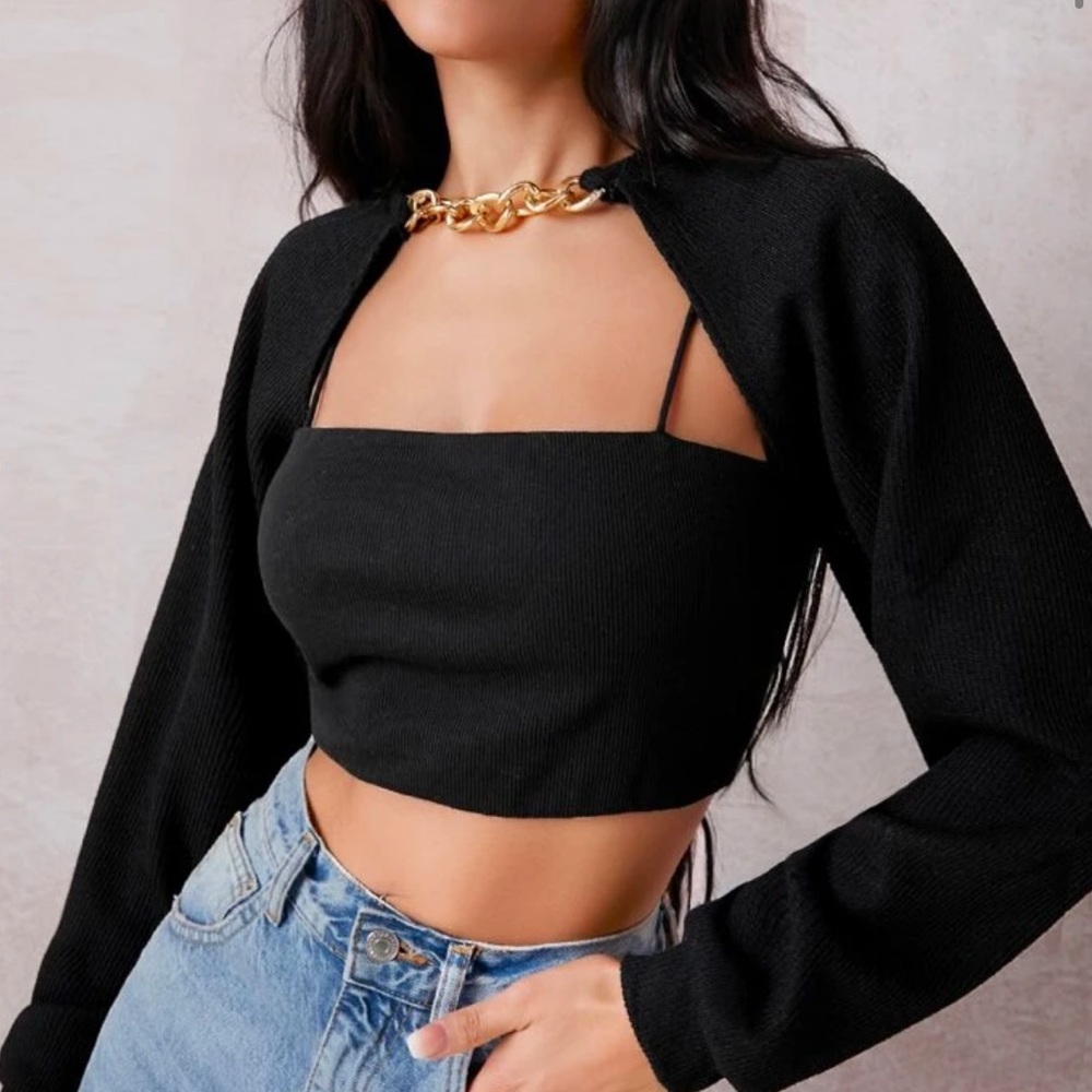Chain Neck Raglan Sleeve Super Crop Top Without Cami